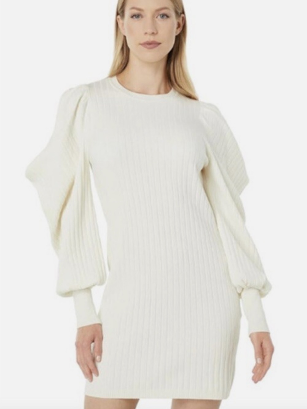 Ted Baker Ivory Cashmere Ribbed Knit Bubble Sleeve Mini Dress